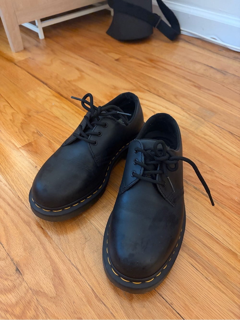 Dr. Martens Black Leather 3-Eye Derby with Yellow Stitching
